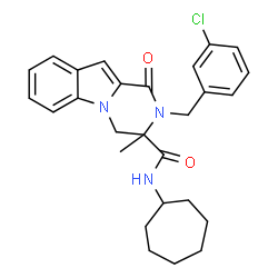 ChemSpider 2D Image | 2-(3-Chlorobenzyl)-N-cycloheptyl-3-methyl-1-oxo-1,2,3,4-tetrahydropyrazino[1,2-a]indole-3-carboxamide | C27H30ClN3O2