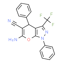 ChemSpider 2D Image | 6-Amino-1,4-diphenyl-3-(trifluoromethyl)-1,4-dihydropyrano[2,3-c]pyrazole-5-carbonitrile | C20H13F3N4O