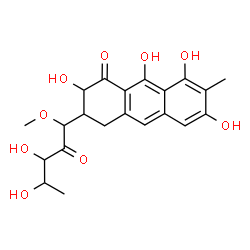 ChemSpider 2D Image | 5-Deoxy-1-O-methyl-1-C-(3,5,7,10-tetrahydroxy-6-methyl-4-oxo-1,2,3,4-tetrahydro-2-anthracenyl)pent-2-ulose | C21H24O9