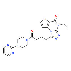 ChemSpider 2D Image | 4-Ethyl-1-{4-oxo-4-[4-(2-pyrimidinyl)-1-piperazinyl]butyl}thieno[2,3-e][1,2,4]triazolo[4,3-a]pyrimidin-5(4H)-one | C21H24N8O2S