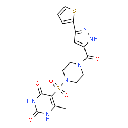 ChemSpider 2D Image | 6-Methyl-5-[(4-{[3-(2-thienyl)-1H-pyrazol-5-yl]carbonyl}-1-piperazinyl)sulfonyl]-2,4(1H,3H)-pyrimidinedione | C17H18N6O5S2