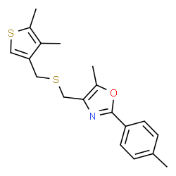 ChemSpider 2D Image | 4-({[(4,5-Dimethyl-3-thienyl)methyl]sulfanyl}methyl)-5-methyl-2-(4-methylphenyl)-1,3-oxazole | C19H21NOS2
