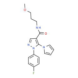 ChemSpider 2D Image | 1-(4-Fluorophenyl)-N-(3-methoxypropyl)-5-(1H-pyrrol-1-yl)-1H-pyrazole-4-carboxamide | C18H19FN4O2