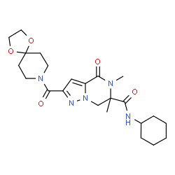 ChemSpider 2D Image | N-Cyclohexyl-2-(1,4-dioxa-8-azaspiro[4.5]dec-8-ylcarbonyl)-5,6-dimethyl-4-oxo-4,5,6,7-tetrahydropyrazolo[1,5-a]pyrazine-6-carboxamide | C23H33N5O5