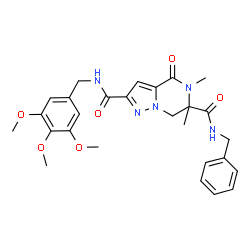 ChemSpider 2D Image | N~6~-Benzyl-5,6-dimethyl-4-oxo-N~2~-(3,4,5-trimethoxybenzyl)-4,5,6,7-tetrahydropyrazolo[1,5-a]pyrazine-2,6-dicarboxamide | C27H31N5O6