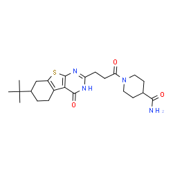 ChemSpider 2D Image | 1-{3-[7-(2-Methyl-2-propanyl)-4-oxo-1,4,5,6,7,8-hexahydro[1]benzothieno[2,3-d]pyrimidin-2-yl]propanoyl}-4-piperidinecarboxamide | C23H32N4O3S