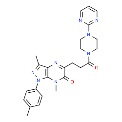 ChemSpider 2D Image | 3,7-Dimethyl-1-(4-methylphenyl)-5-{3-oxo-3-[4-(2-pyrimidinyl)-1-piperazinyl]propyl}-1,7-dihydro-6H-pyrazolo[3,4-b]pyrazin-6-one | C25H28N8O2