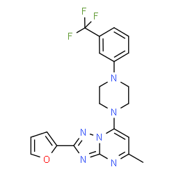 ChemSpider 2D Image | 2-(2-Furyl)-5-methyl-7-{4-[3-(trifluoromethyl)phenyl]-1-piperazinyl}[1,2,4]triazolo[1,5-a]pyrimidine | C21H19F3N6O