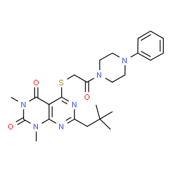 ChemSpider 2D Image | 7-(2,2-Dimethylpropyl)-1,3-dimethyl-5-{[2-oxo-2-(4-phenyl-1-piperazinyl)ethyl]sulfanyl}pyrimido[4,5-d]pyrimidine-2,4(1H,3H)-dione | C25H32N6O3S