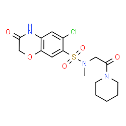 ChemSpider 2D Image | 6-Chloro-N-methyl-3-oxo-N-[2-oxo-2-(1-piperidinyl)ethyl]-3,4-dihydro-2H-1,4-benzoxazine-7-sulfonamide | C16H20ClN3O5S