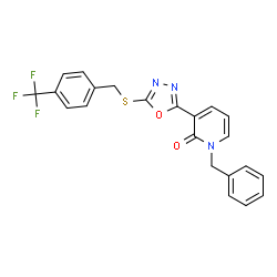 ChemSpider 2D Image | 1-Benzyl-3-(5-{[4-(trifluoromethyl)benzyl]sulfanyl}-1,3,4-oxadiazol-2-yl)-2(1H)-pyridinone | C22H16F3N3O2S