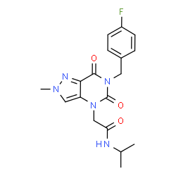 ChemSpider 2D Image | 2-[6-(4-Fluorobenzyl)-2-methyl-5,7-dioxo-2,5,6,7-tetrahydro-4H-pyrazolo[4,3-d]pyrimidin-4-yl]-N-isopropylacetamide | C18H20FN5O3