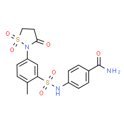 ChemSpider 2D Image | 4-({[5-(1,1-Dioxido-3-oxo-1,2-thiazolidin-2-yl)-2-methylphenyl]sulfonyl}amino)benzamide | C17H17N3O6S2