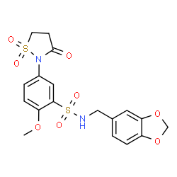 ChemSpider 2D Image | N-(1,3-Benzodioxol-5-ylmethyl)-5-(1,1-dioxido-3-oxo-1,2-thiazolidin-2-yl)-2-methoxybenzenesulfonamide | C18H18N2O8S2