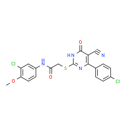ChemSpider 2D Image | N-(3-Chloro-4-methoxyphenyl)-2-{[4-(4-chlorophenyl)-5-cyano-6-oxo-1,6-dihydro-2-pyrimidinyl]sulfanyl}acetamide | C20H14Cl2N4O3S