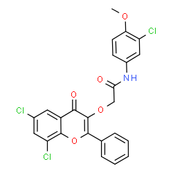 ChemSpider 2D Image | N-(3-Chloro-4-methoxyphenyl)-2-[(6,8-dichloro-4-oxo-2-phenyl-4H-chromen-3-yl)oxy]acetamide | C24H16Cl3NO5
