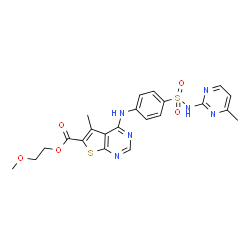ChemSpider 2D Image | 2-Methoxyethyl 5-methyl-4-({4-[(4-methyl-2-pyrimidinyl)sulfamoyl]phenyl}amino)thieno[2,3-d]pyrimidine-6-carboxylate | C22H22N6O5S2