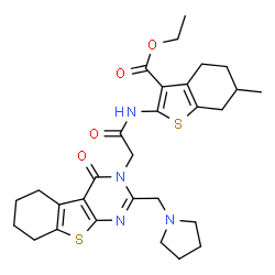 ChemSpider 2D Image | Ethyl 6-methyl-2-({[4-oxo-2-(1-pyrrolidinylmethyl)-5,6,7,8-tetrahydro[1]benzothieno[2,3-d]pyrimidin-3(4H)-yl]acetyl}amino)-4,5,6,7-tetrahydro-1-benzothiophene-3-carboxylate | C29H36N4O4S2