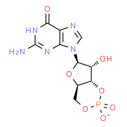 ChemSpider 2D Image | (4aR,6R,7R,7aS)-6-(2-Amino-6-oxo-1,6-dihydro-9H-purin-9-yl)-7-hydroxytetrahydro-4H-furo[3,2-d][1,3,2]dioxaphosphinin-2-olate 2-oxide | C10H11N5O7P