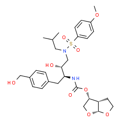 ChemSpider 2D Image | (3R,3aS,6aR)-Hexahydrofuro[2,3-b]furan-3-yl [(2S,3R)-3-hydroxy-1-[4-(hydroxymethyl)phenyl]-4-{isobutyl[(4-methoxyphenyl)sulfonyl]amino}-2-butanyl]carbamate | C29H40N2O9S
