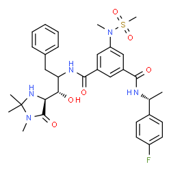 ChemSpider 2D Image | N-[(1R)-1-(4-Fluorophenyl)ethyl]-N'-{(1S)-1-hydroxy-3-phenyl-1-[(4S)-1,2,2-trimethyl-5-oxo-4-imidazolidinyl]-2-propanyl}-5-[methyl(methylsulfonyl)amino]isophthalamide | C33H40FN5O6S