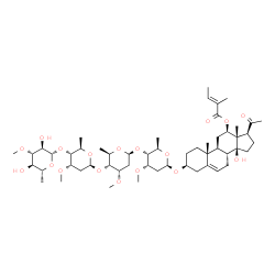 ChemSpider 2D Image | (3beta,12beta,14beta)-3-{[6-Deoxy-3-O-methyl-beta-D-glucopyranosyl-(1->4)-2,6-dideoxy-3-O-methyl-beta-D-ribo-hexopyranosyl-(1->4)-2,6-dideoxy-3-O-methyl-beta-D-ribo-hexopyranosyl-(1->4)-2,6-dideoxy-3-
O-methyl-beta-D-ribo-hexopyranosyl]oxy}-14-hydroxy-20-oxopregn-5-en-12-yl (2E)-2-methyl-2-butenoate | C54H86O18