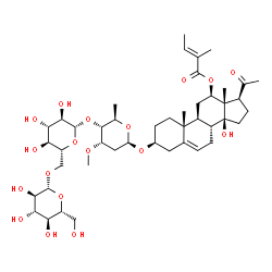 ChemSpider 2D Image | (3beta,12beta,14beta)-3-{[beta-D-Glucopyranosyl-(1->6)-beta-D-glucopyranosyl-(1->4)-2,6-dideoxy-3-O-methyl-beta-D-ribo-hexopyranosyl]oxy}-14-hydroxy-20-oxopregn-5-en-12-yl (2E)-2-methyl-2-butenoate | C45H70O18