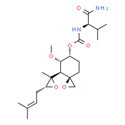 ChemSpider 2D Image | (3R,4S,5S,6R)-5-Methoxy-4-[(3R)-2-methyl-3-(3-methyl-2-buten-1-yl)-2-oxiranyl]-1-oxaspiro[2.5]oct-6-yl [(2R)-1-amino-3-methyl-1-oxo-2-butanyl]carbamate | C22H36N2O6