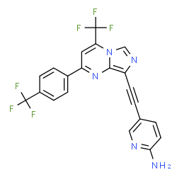 ChemSpider 2D Image | 5-({4-(Trifluoromethyl)-2-[4-(trifluoromethyl)phenyl]imidazo[1,5-a]pyrimidin-8-yl}ethynyl)-2-pyridinamine | C21H11F6N5