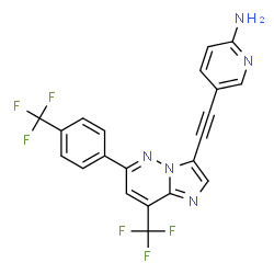 ChemSpider 2D Image | 5-({8-(Trifluoromethyl)-6-[4-(trifluoromethyl)phenyl]imidazo[1,2-b]pyridazin-3-yl}ethynyl)-2-pyridinamine | C21H11F6N5