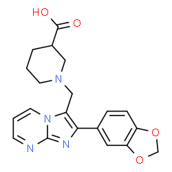 ChemSpider 2D Image | 1-(2-Benzo[1,3]dioxol-5-yl-imidazo[1,2-a]pyrimidin-3-ylmethyl)-piperidine-3-carboxylic acid | C20H20N4O4