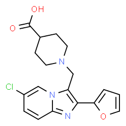 ChemSpider 2D Image | 1-{[6-Chloro-2-(2-furyl)imidazo[1,2-a]pyridin-3-yl]methyl}-4-piperidinecarboxylic acid | C18H18ClN3O3