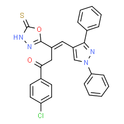 ChemSpider 2D Image | (3E)-1-(4-Chlorophenyl)-4-(1,3-diphenyl-1H-pyrazol-4-yl)-3-(5-thioxo-4,5-dihydro-1,3,4-oxadiazol-2-yl)-3-buten-1-one | C27H19ClN4O2S