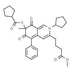 ChemSpider 2D Image | 2-Cyclopentyl-3-(4-methoxy-4-oxobutyl)-7-methyl-6,8-dioxo-5-phenyl-2,6,7,8-tetrahydro-7-isoquinolinyl cyclopentanecarboxylate | C32H37NO6