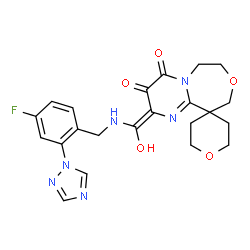 ChemSpider 2D Image | (2'Z)-2'-[{[4-Fluoro-2-(1H-1,2,4-triazol-1-yl)benzyl]amino}(hydroxy)methylene]-2,3,5,6,6',7'-hexahydro-2'H-spiro[pyran-4,10'-pyrimido[1,2-d][1,4]oxazepine]-3',4'-dione | C22H23FN6O5