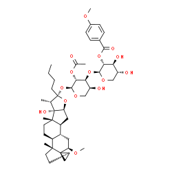 ChemSpider 2D Image | (2S,3R,4S,5R)-2-{[(2S,3R,4S,5S)-3-Acetoxy-2-{[(1aR,3aR,3bS,5aS,5bS,6S,7S,8aS,9aS,9bR,11R,11aR)-7-butyl-5b-hydroxy-11-methoxy-3a,5a,6-trimethyloctadecahydrocyclopropa[1',7a']indeno[5',4':4,5]indeno[2,1
-b]furan-7-yl]oxy}-5-hydroxytetrahydro-2H-pyran-4-yl]oxy}-4,5-dihydroxytetrahydro-2H-pyran-3-yl 4-methoxybenzoate | C47H68O15