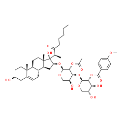 ChemSpider 2D Image | (2S,3R,4S,5R)-2-{[(2S,3R,4S,5S)-3-Acetoxy-2-({(3S,8R,9S,10R,13S,14S,16S,17S)-3,17-dihydroxy-10,13-dimethyl-17-[(2S)-3-oxo-2-octanyl]-2,3,4,7,8,9,10,11,12,13,14,15,16,17-tetradecahydro-1H-cyclopenta[a]
phenanthren-16-yl}oxy)-5-hydroxytetrahydro-2H-pyran-4-yl]oxy}-4,5-dihydroxytetrahydro-2H-pyran-3-yl 4-methoxybenzoate | C47H68O15