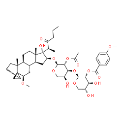 ChemSpider 2D Image | (2S,3R,4S,5R)-2-{[(2S,3R,4S,5S)-3-Acetoxy-5-hydroxy-2-({(1aR,3aR,3bS,5aS,6S,7S,8aS,8bR,10R,10aR)-6-hydroxy-10-methoxy-3a,5a-dimethyl-6-[(2S)-3-oxo-2-hexanyl]hexadecahydrocyclopenta[a]cyclopropa[2,3]cy
clopenta[1,2-f]naphthalen-7-yl}oxy)tetrahydro-2H-pyran-4-yl]oxy}-4,5-dihydroxytetrahydro-2H-pyran-3-yl 4-methoxybenzoate | C46H66O15