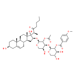 ChemSpider 2D Image | (2S,3R,4S,5R)-2-{[(2S,3R,4S,5S)-3-Acetoxy-2-({(3S,8R,9S,10R,13S,14S,16S,17S)-3,17-dihydroxy-10,13-dimethyl-17-[(2S)-3-oxo-2-heptanyl]-2,3,4,7,8,9,10,11,12,13,14,15,16,17-tetradecahydro-1H-cyclopenta[a
]phenanthren-16-yl}oxy)-5-hydroxytetrahydro-2H-pyran-4-yl]oxy}-4,5-dihydroxytetrahydro-2H-pyran-3-yl 4-methoxybenzoate | C46H66O15