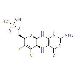 ChemSpider 2D Image | (5aR,8R,9aR)-2-Amino-4-oxo-8-[(phosphonooxy)methyl]-1,5,5a,8,9a,10-hexahydro-4H-pyrano[3,2-g]pteridine-6,7-bis(thiolate) | C10H12N5O6PS2