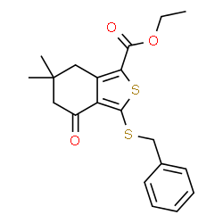 ChemSpider 2D Image | Ethyl 3-(benzylsulfanyl)-6,6-dimethyl-4-oxo-4,5,6,7-tetrahydro-2-benzothiophene-1-carboxylate | C20H22O3S2