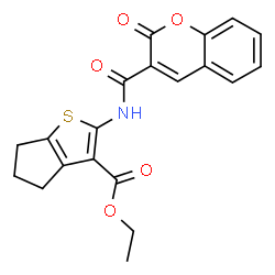 ChemSpider 2D Image | Ethyl 2-{[(2-oxo-2H-chromen-3-yl)carbonyl]amino}-5,6-dihydro-4H-cyclopenta[b]thiophene-3-carboxylate | C20H17NO5S