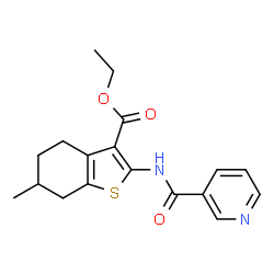 ChemSpider 2D Image | Ethyl 6-methyl-2-[(3-pyridinylcarbonyl)amino]-4,5,6,7-tetrahydro-1-benzothiophene-3-carboxylate | C18H20N2O3S