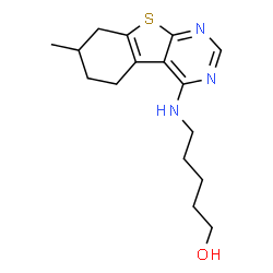 ChemSpider 2D Image | 5-[(7-Methyl-5,6,7,8-tetrahydro[1]benzothieno[2,3-d]pyrimidin-4-yl)amino]-1-pentanol | C16H23N3OS