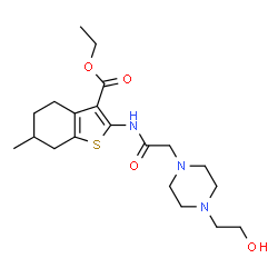 ChemSpider 2D Image | Ethyl 2-({[4-(2-hydroxyethyl)-1-piperazinyl]acetyl}amino)-6-methyl-4,5,6,7-tetrahydro-1-benzothiophene-3-carboxylate | C20H31N3O4S