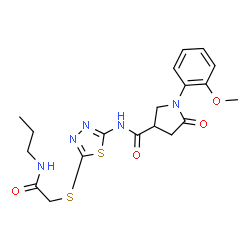 ChemSpider 2D Image | 1-(2-Methoxyphenyl)-5-oxo-N-(5-{[2-oxo-2-(propylamino)ethyl]sulfanyl}-1,3,4-thiadiazol-2-yl)-3-pyrrolidinecarboxamide | C19H23N5O4S2