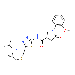 ChemSpider 2D Image | N-(5-{[2-(Isopropylamino)-2-oxoethyl]sulfanyl}-1,3,4-thiadiazol-2-yl)-1-(2-methoxyphenyl)-5-oxo-3-pyrrolidinecarboxamide | C19H23N5O4S2