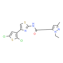 ChemSpider 2D Image | N-[4-(2,5-Dichloro-3-thienyl)-1,3-thiazol-2-yl]-1-ethyl-3-methyl-1H-pyrazole-5-carboxamide | C14H12Cl2N4OS2