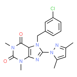 ChemSpider 2D Image | 7-(3-Chlorobenzyl)-8-(3,5-dimethyl-1H-pyrazol-1-yl)-1,3-dimethyl-3,7-dihydro-1H-purine-2,6-dione | C19H19ClN6O2