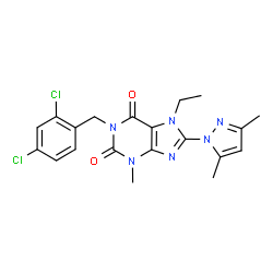 ChemSpider 2D Image | 1-(2,4-Dichlorobenzyl)-8-(3,5-dimethyl-1H-pyrazol-1-yl)-7-ethyl-3-methyl-3,7-dihydro-1H-purine-2,6-dione | C20H20Cl2N6O2